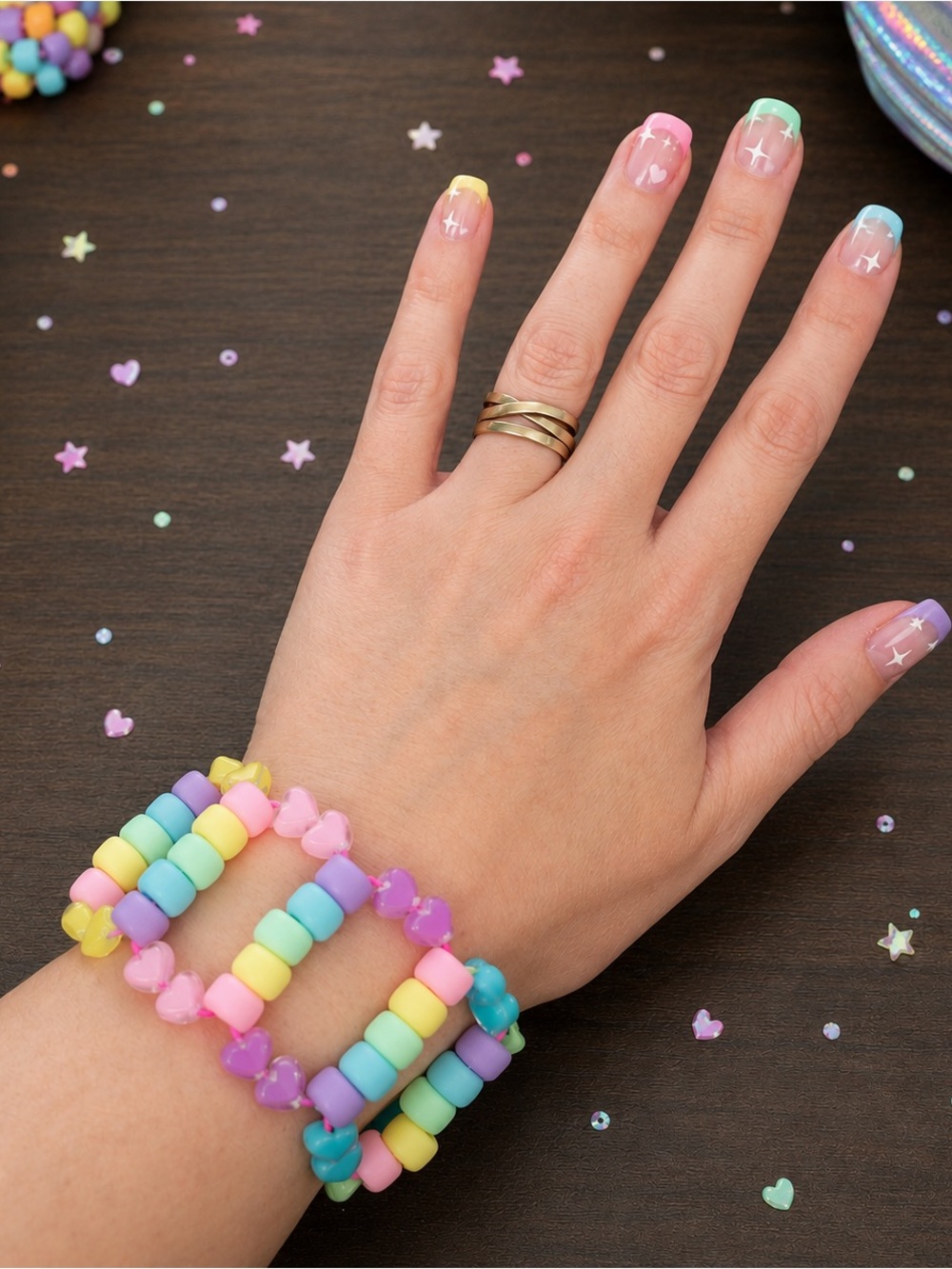 Festival Rainbow Glow Hearts Kandi Kids Cuff Bracelet "Sweet Tart" Color Theme.